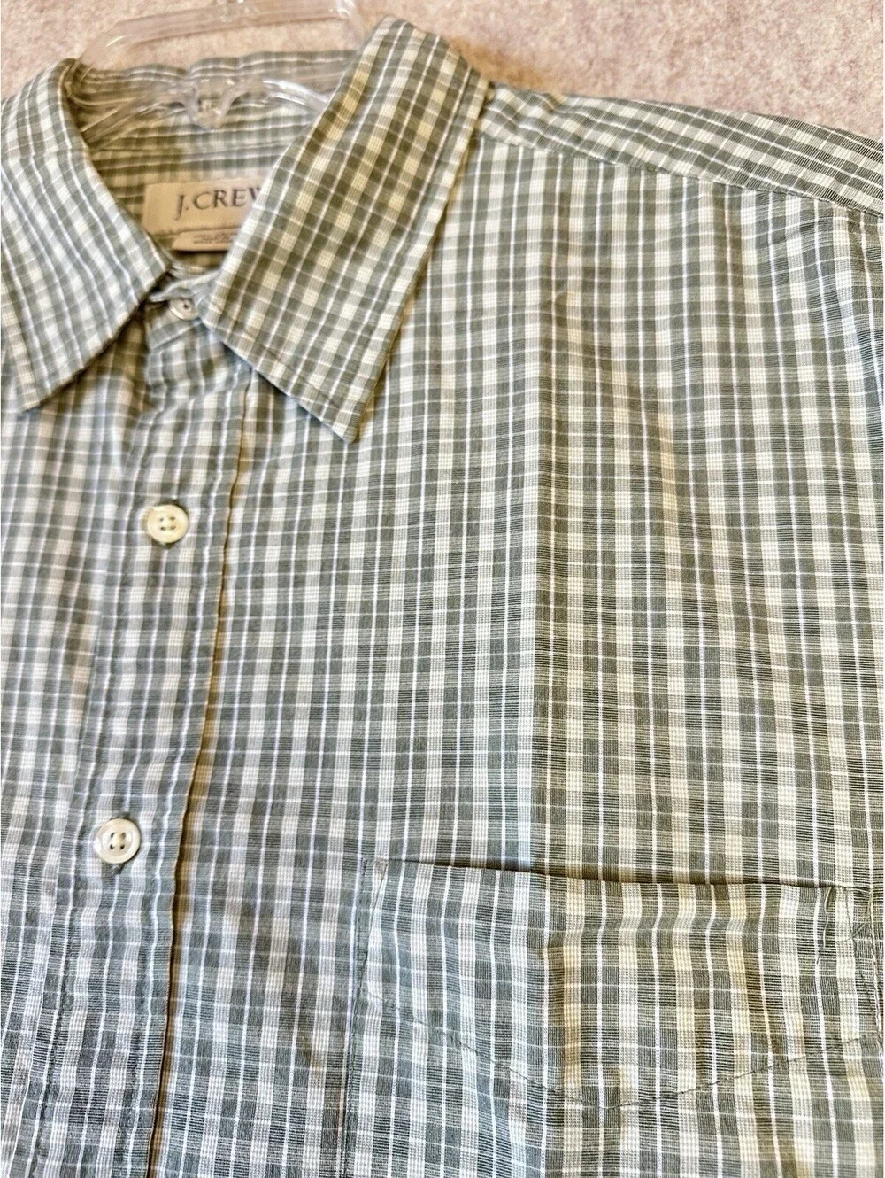J Crew Green White Plaid Short  Sleeve Button Down Shirt Men’s Lg Cotton